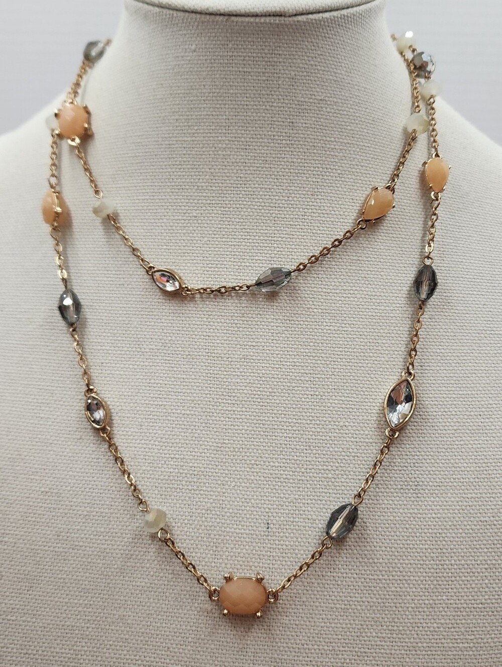 Long Goldtone bead station style necklace Peach Charming Charlie 40"